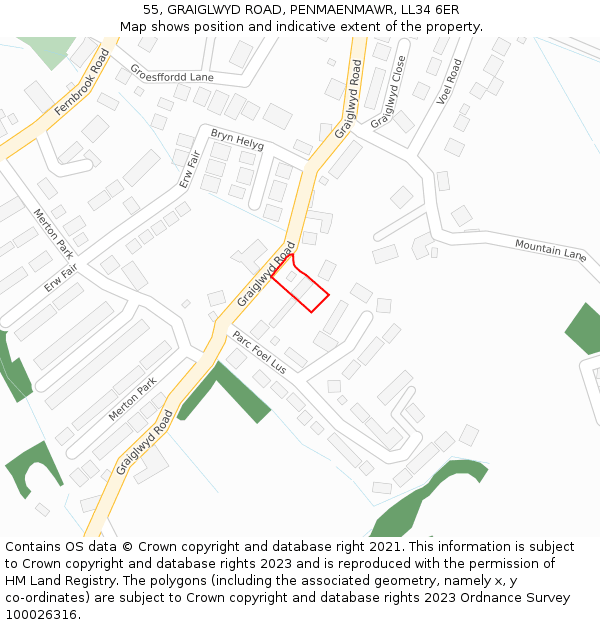 55, GRAIGLWYD ROAD, PENMAENMAWR, LL34 6ER: Location map and indicative extent of plot