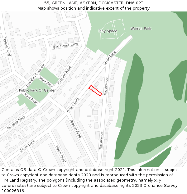 55, GREEN LANE, ASKERN, DONCASTER, DN6 0PT: Location map and indicative extent of plot