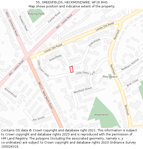 55, GREENFIELDS, HECKMONDWIKE, WF16 9HG: Location map and indicative extent of plot