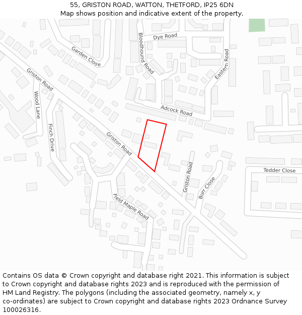 55, GRISTON ROAD, WATTON, THETFORD, IP25 6DN: Location map and indicative extent of plot