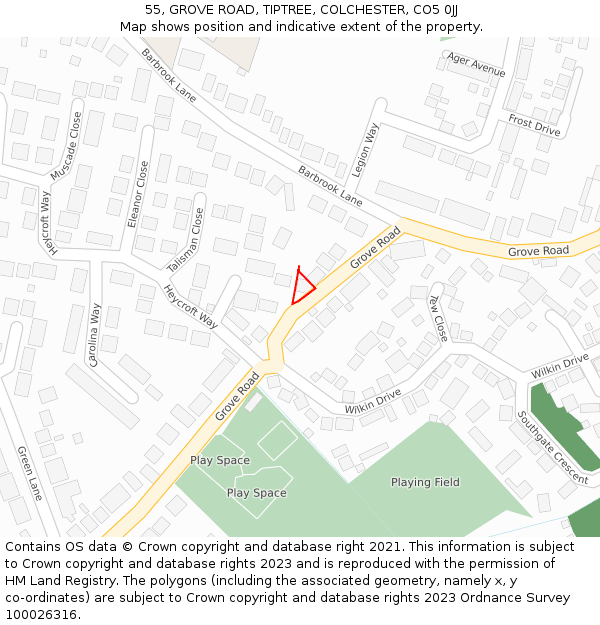 55, GROVE ROAD, TIPTREE, COLCHESTER, CO5 0JJ: Location map and indicative extent of plot