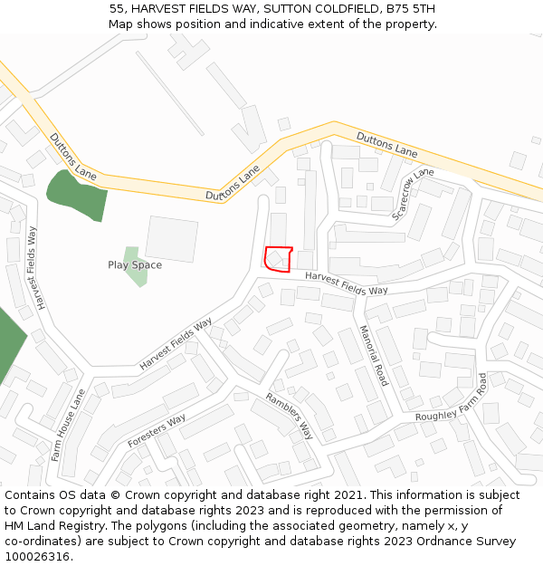 55, HARVEST FIELDS WAY, SUTTON COLDFIELD, B75 5TH: Location map and indicative extent of plot