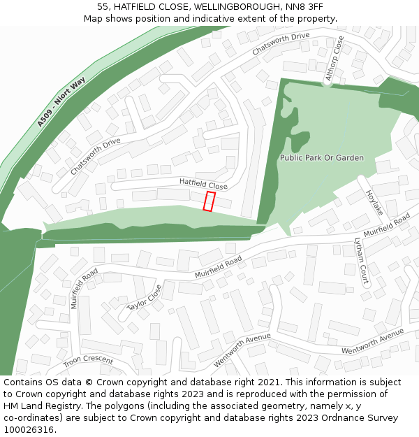 55, HATFIELD CLOSE, WELLINGBOROUGH, NN8 3FF: Location map and indicative extent of plot