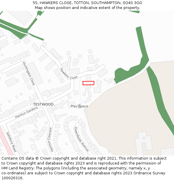 55, HAWKERS CLOSE, TOTTON, SOUTHAMPTON, SO40 3GG: Location map and indicative extent of plot