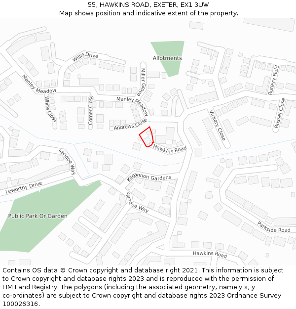 55, HAWKINS ROAD, EXETER, EX1 3UW: Location map and indicative extent of plot