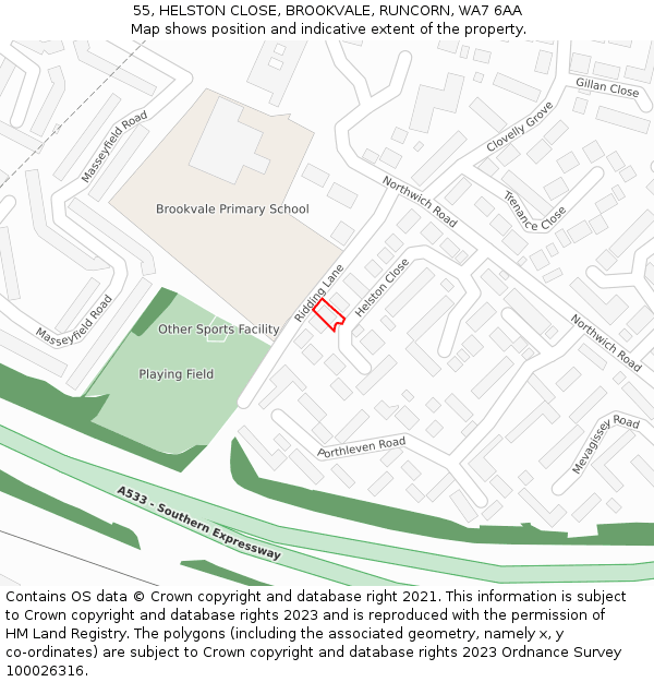 55, HELSTON CLOSE, BROOKVALE, RUNCORN, WA7 6AA: Location map and indicative extent of plot