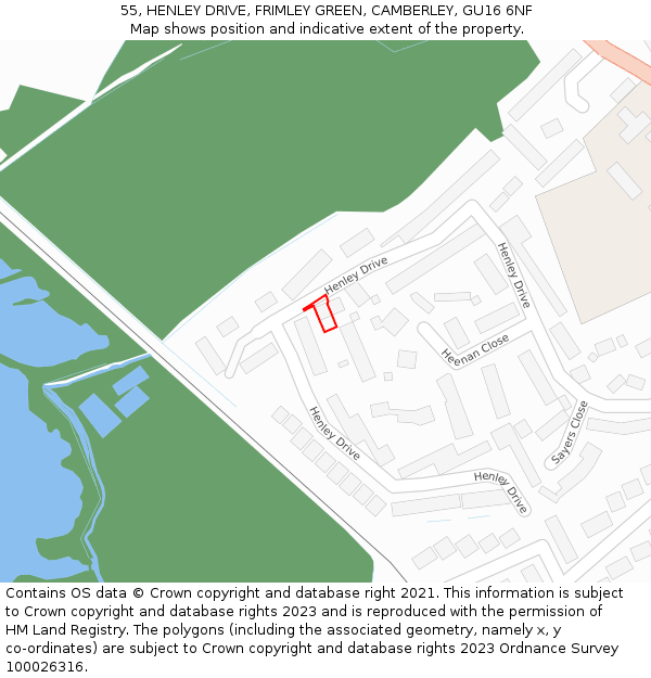 55, HENLEY DRIVE, FRIMLEY GREEN, CAMBERLEY, GU16 6NF: Location map and indicative extent of plot