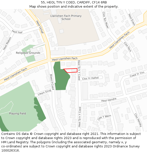 55, HEOL TYN Y COED, CARDIFF, CF14 6RB: Location map and indicative extent of plot