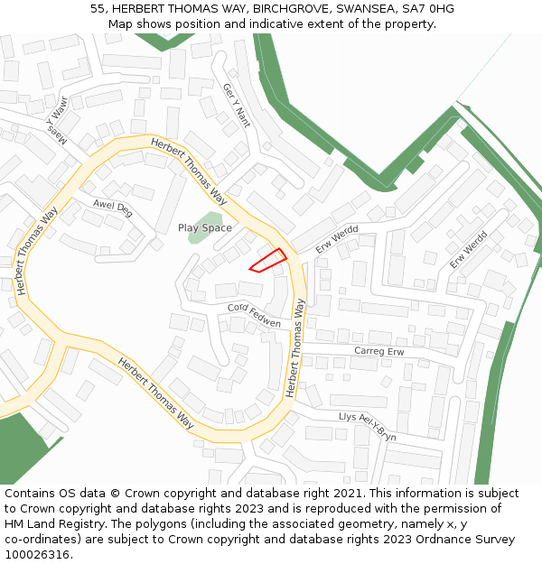 55, HERBERT THOMAS WAY, BIRCHGROVE, SWANSEA, SA7 0HG: Location map and indicative extent of plot