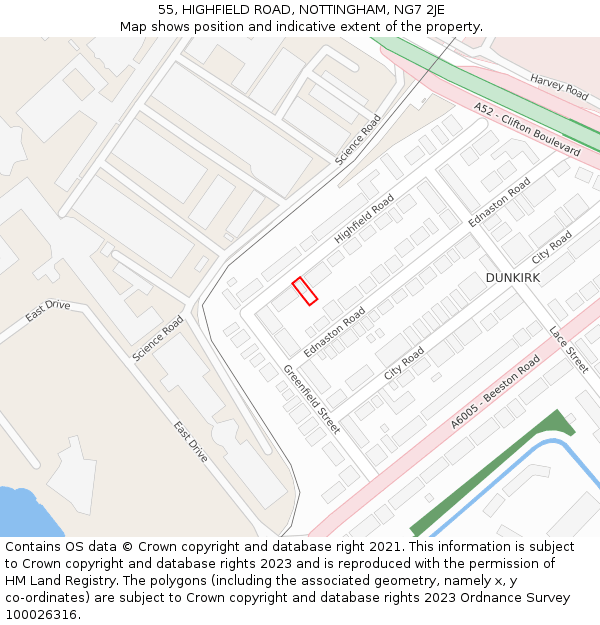 55, HIGHFIELD ROAD, NOTTINGHAM, NG7 2JE: Location map and indicative extent of plot