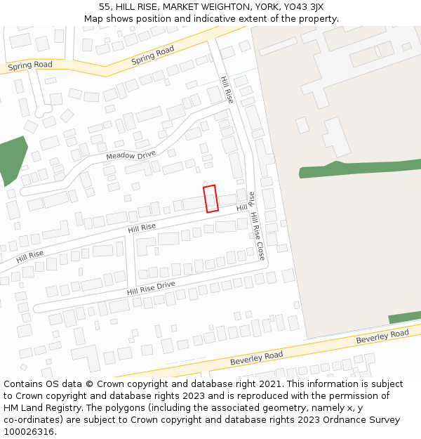 55, HILL RISE, MARKET WEIGHTON, YORK, YO43 3JX: Location map and indicative extent of plot