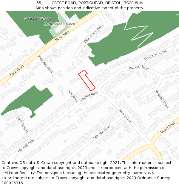 55, HILLCREST ROAD, PORTISHEAD, BRISTOL, BS20 8HN: Location map and indicative extent of plot