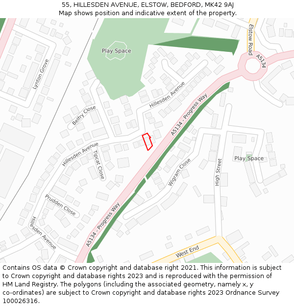 55, HILLESDEN AVENUE, ELSTOW, BEDFORD, MK42 9AJ: Location map and indicative extent of plot