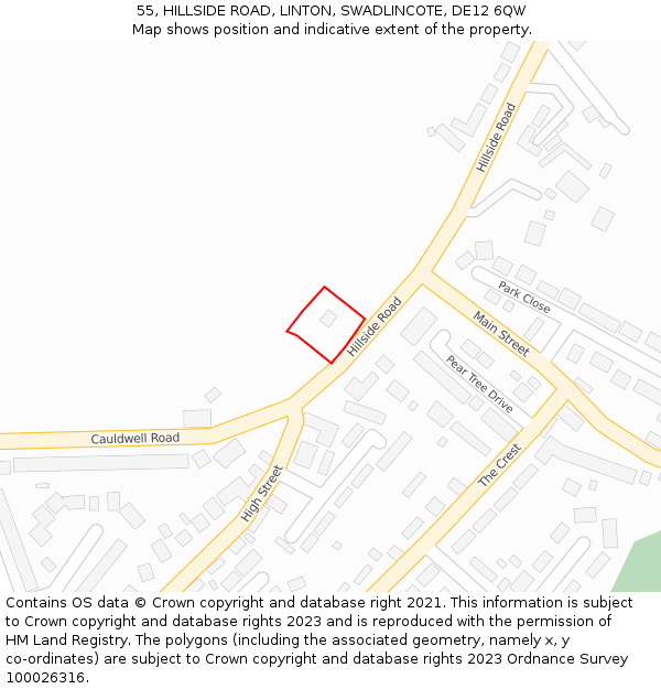 55, HILLSIDE ROAD, LINTON, SWADLINCOTE, DE12 6QW: Location map and indicative extent of plot