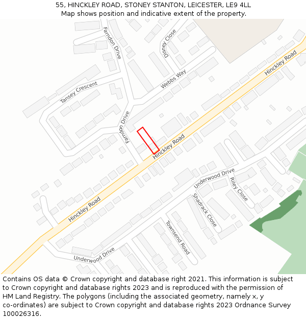 55, HINCKLEY ROAD, STONEY STANTON, LEICESTER, LE9 4LL: Location map and indicative extent of plot