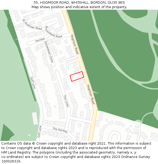 55, HOGMOOR ROAD, WHITEHILL, BORDON, GU35 9ES: Location map and indicative extent of plot