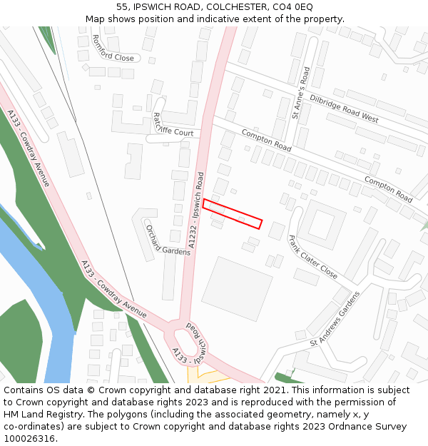 55, IPSWICH ROAD, COLCHESTER, CO4 0EQ: Location map and indicative extent of plot