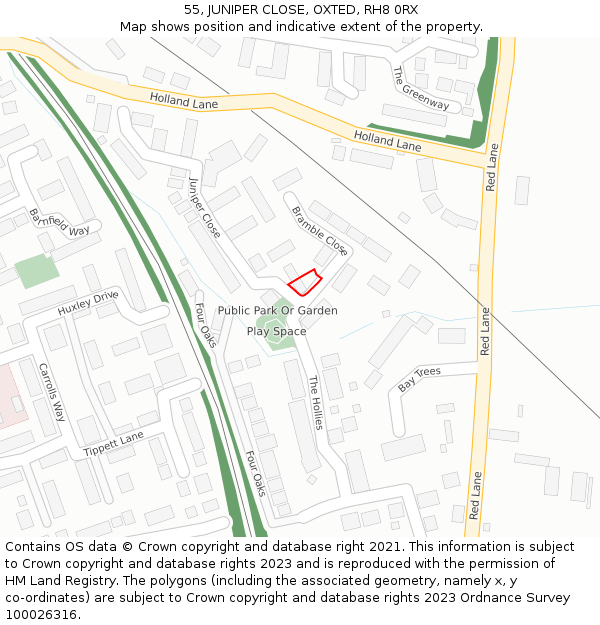 55, JUNIPER CLOSE, OXTED, RH8 0RX: Location map and indicative extent of plot