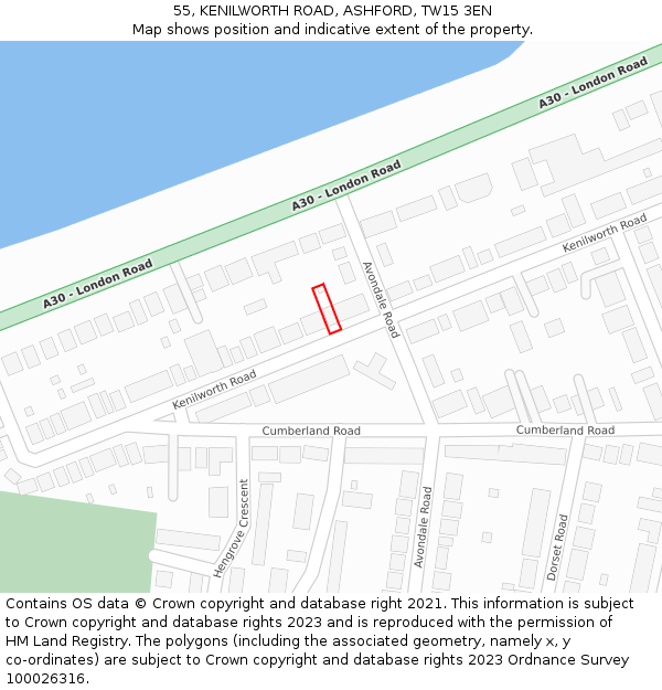 55, KENILWORTH ROAD, ASHFORD, TW15 3EN: Location map and indicative extent of plot