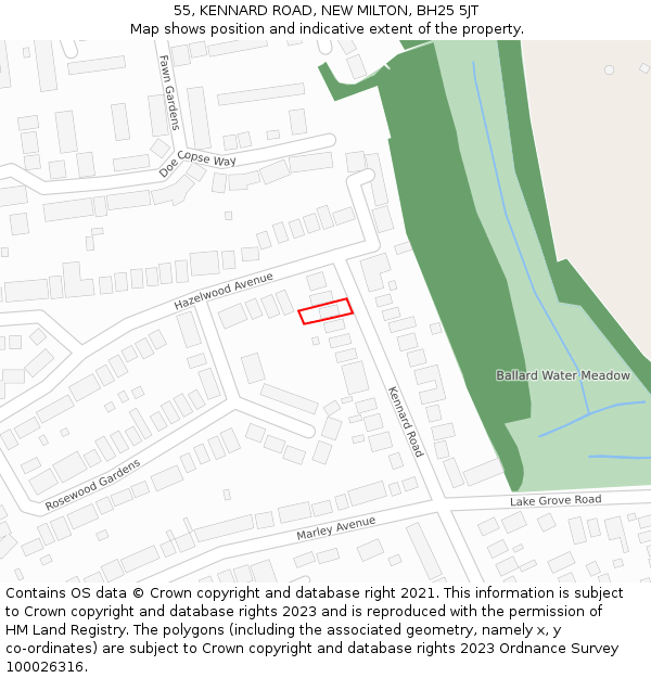 55, KENNARD ROAD, NEW MILTON, BH25 5JT: Location map and indicative extent of plot