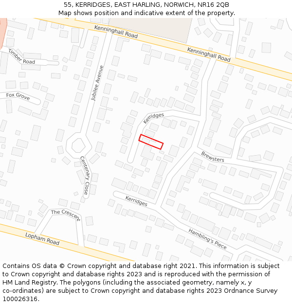 55, KERRIDGES, EAST HARLING, NORWICH, NR16 2QB: Location map and indicative extent of plot