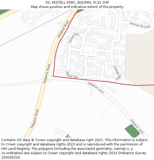55, KESTELL PARC, BODMIN, PL31 1HP: Location map and indicative extent of plot