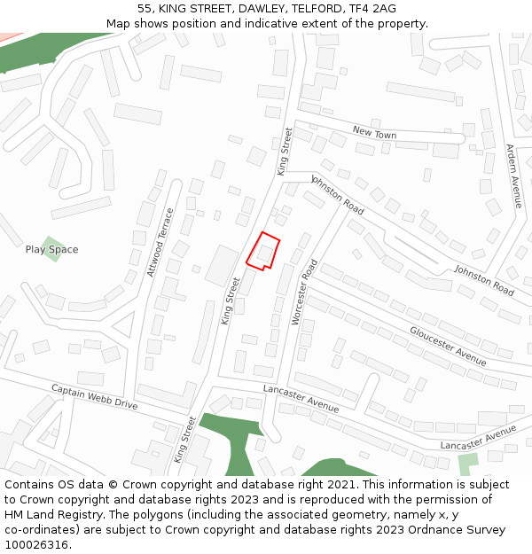 55, KING STREET, DAWLEY, TELFORD, TF4 2AG: Location map and indicative extent of plot