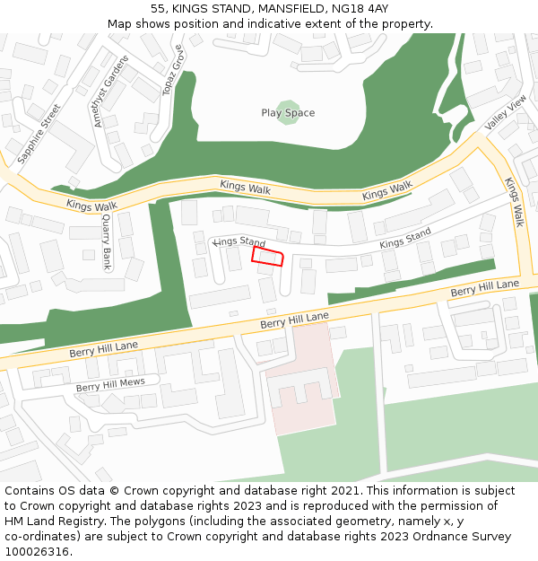 55, KINGS STAND, MANSFIELD, NG18 4AY: Location map and indicative extent of plot