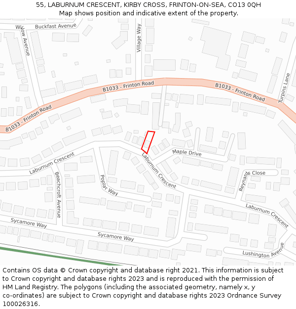 55, LABURNUM CRESCENT, KIRBY CROSS, FRINTON-ON-SEA, CO13 0QH: Location map and indicative extent of plot