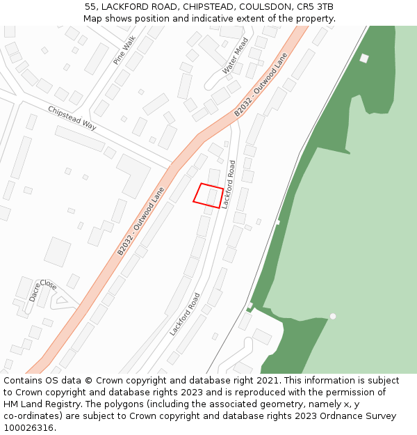 55, LACKFORD ROAD, CHIPSTEAD, COULSDON, CR5 3TB: Location map and indicative extent of plot