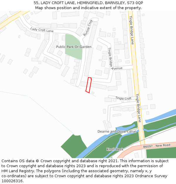 55, LADY CROFT LANE, HEMINGFIELD, BARNSLEY, S73 0QP: Location map and indicative extent of plot