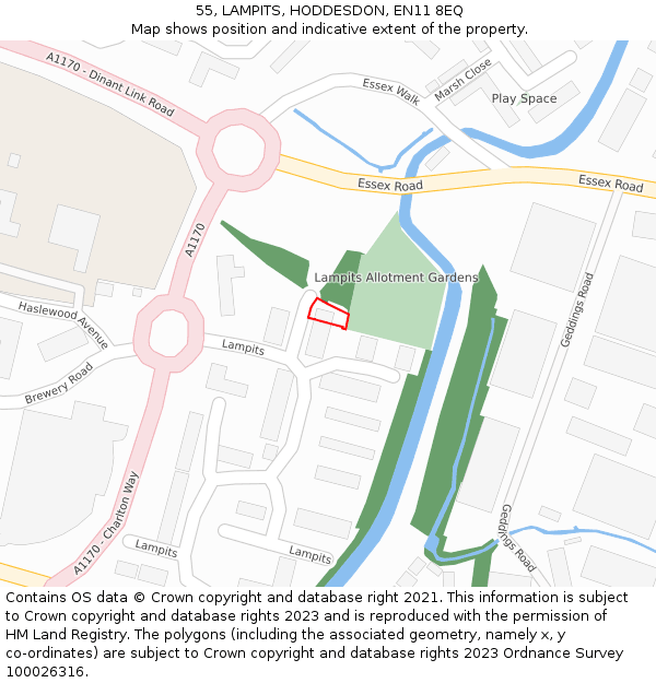 55, LAMPITS, HODDESDON, EN11 8EQ: Location map and indicative extent of plot