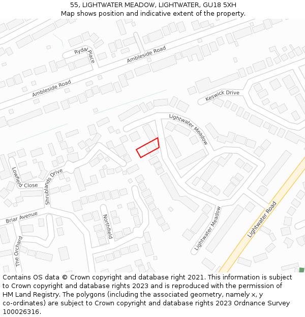 55, LIGHTWATER MEADOW, LIGHTWATER, GU18 5XH: Location map and indicative extent of plot