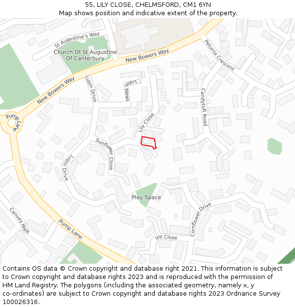 55, LILY CLOSE, CHELMSFORD, CM1 6YN: Location map and indicative extent of plot