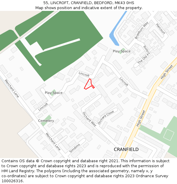 55, LINCROFT, CRANFIELD, BEDFORD, MK43 0HS: Location map and indicative extent of plot