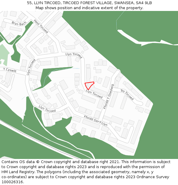 55, LLYN TIRCOED, TIRCOED FOREST VILLAGE, SWANSEA, SA4 9LB: Location map and indicative extent of plot