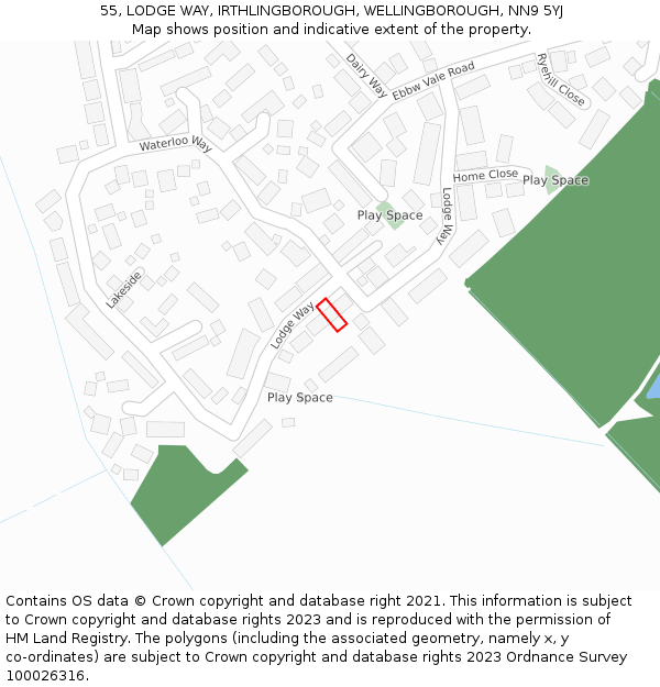 55, LODGE WAY, IRTHLINGBOROUGH, WELLINGBOROUGH, NN9 5YJ: Location map and indicative extent of plot