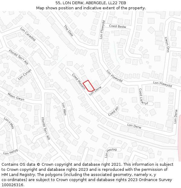55, LON DERW, ABERGELE, LL22 7EB: Location map and indicative extent of plot