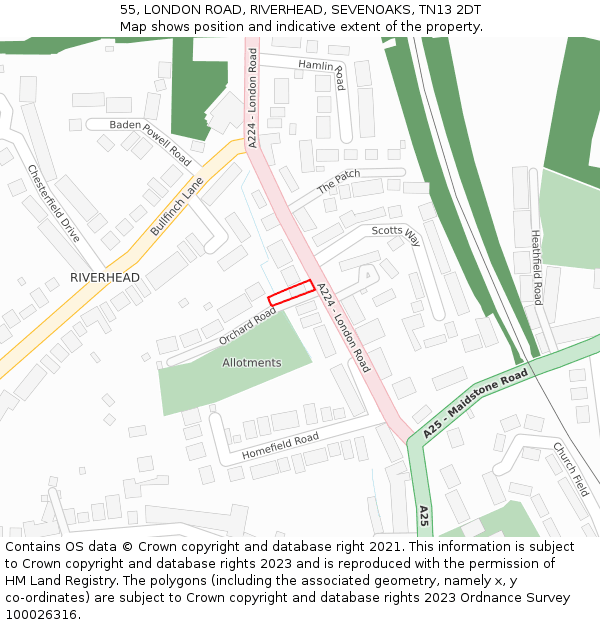 55, LONDON ROAD, RIVERHEAD, SEVENOAKS, TN13 2DT: Location map and indicative extent of plot