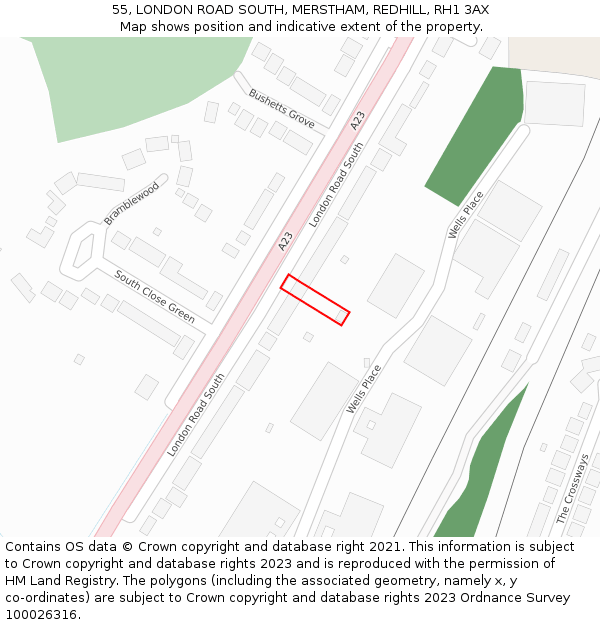 55, LONDON ROAD SOUTH, MERSTHAM, REDHILL, RH1 3AX: Location map and indicative extent of plot