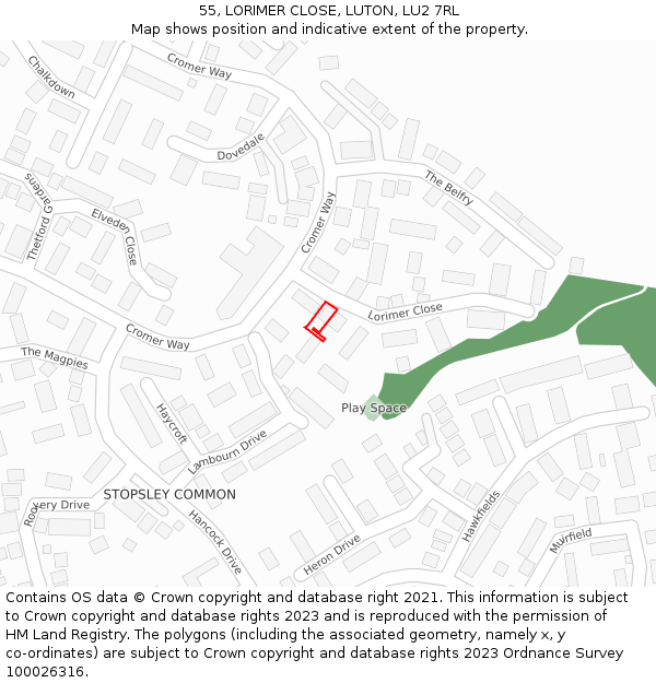 55, LORIMER CLOSE, LUTON, LU2 7RL: Location map and indicative extent of plot