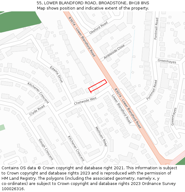 55, LOWER BLANDFORD ROAD, BROADSTONE, BH18 8NS: Location map and indicative extent of plot