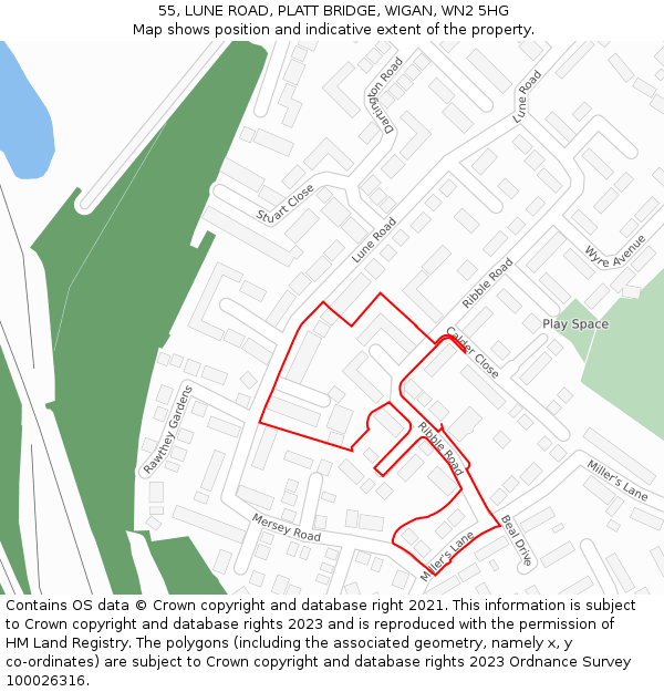 55, LUNE ROAD, PLATT BRIDGE, WIGAN, WN2 5HG: Location map and indicative extent of plot