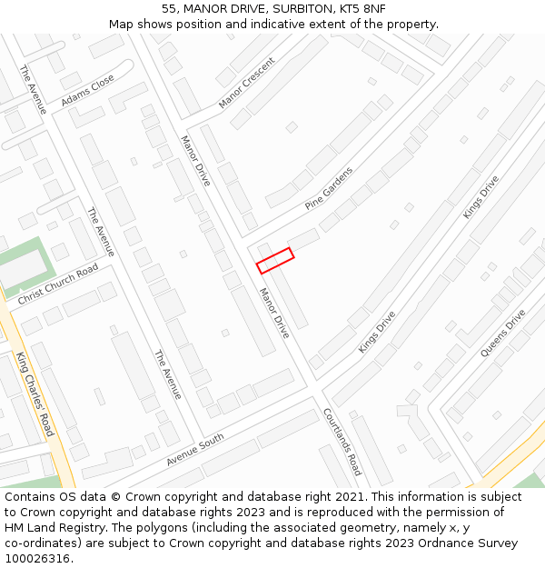 55, MANOR DRIVE, SURBITON, KT5 8NF: Location map and indicative extent of plot