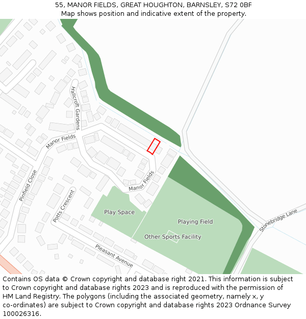55, MANOR FIELDS, GREAT HOUGHTON, BARNSLEY, S72 0BF: Location map and indicative extent of plot