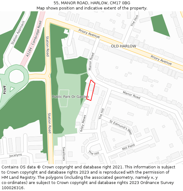 55, MANOR ROAD, HARLOW, CM17 0BG: Location map and indicative extent of plot