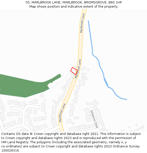 55, MARLBROOK LANE, MARLBROOK, BROMSGROVE, B60 1HP: Location map and indicative extent of plot