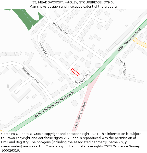 55, MEADOWCROFT, HAGLEY, STOURBRIDGE, DY9 0LJ: Location map and indicative extent of plot