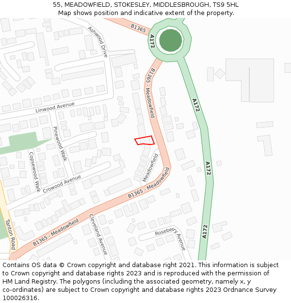 55, MEADOWFIELD, STOKESLEY, MIDDLESBROUGH, TS9 5HL: Location map and indicative extent of plot