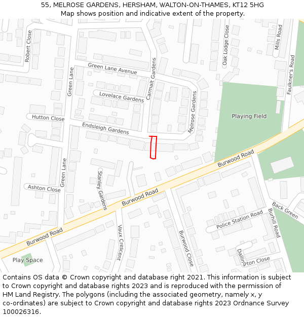 55, MELROSE GARDENS, HERSHAM, WALTON-ON-THAMES, KT12 5HG: Location map and indicative extent of plot